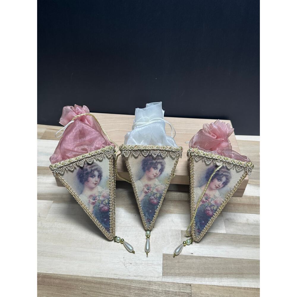 Set/3 romantic‎ Victorian Style Cone Ornaments shabbychic Pearl Trim Sachet VTG